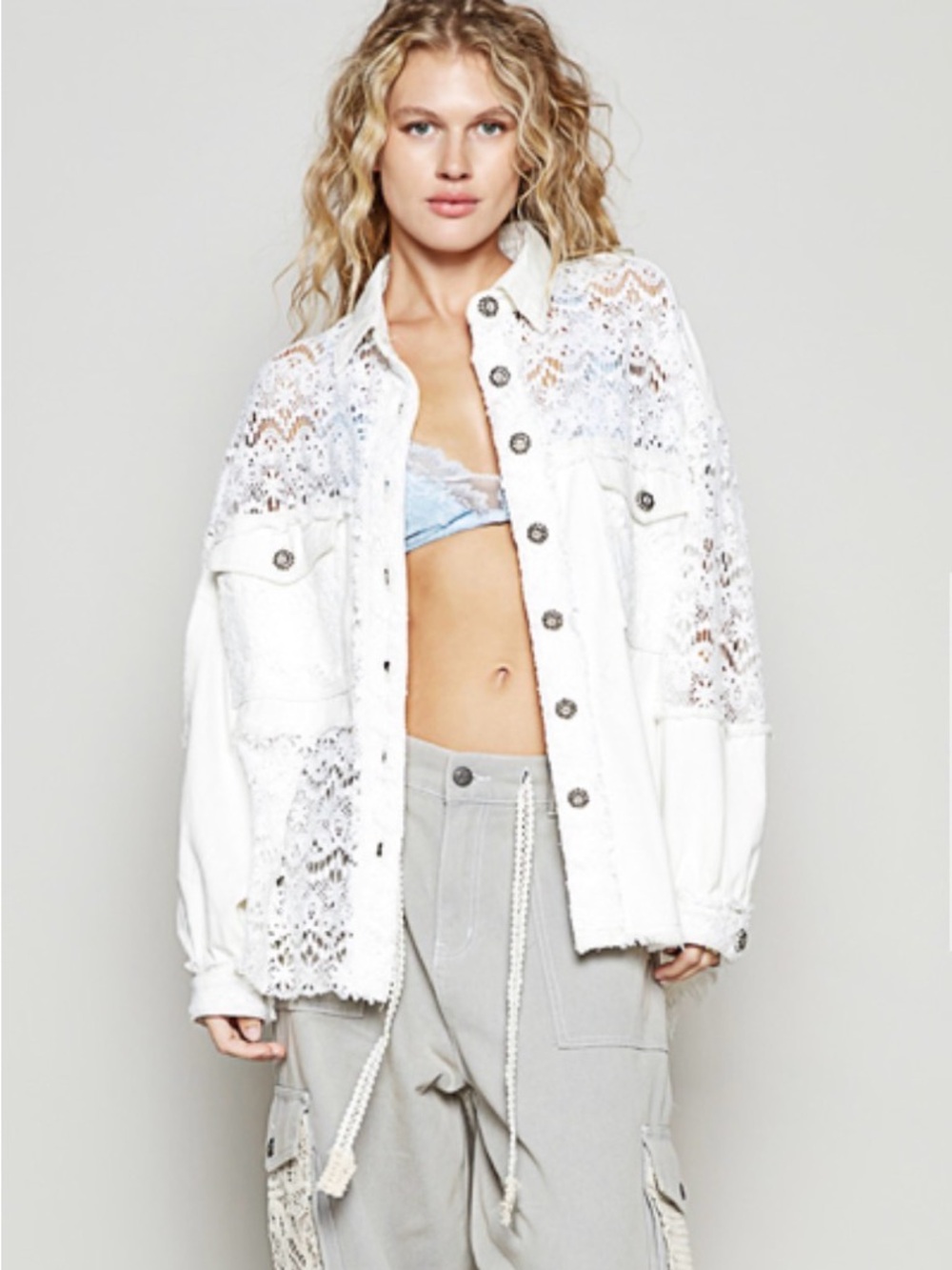 POL Pure White Lace Panel Overshirt Jacket
